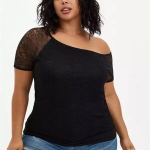 Torrid Callie Off Shoulder Knit Lace Sleeve Tee Whimsigoth Fairy Grunge Black